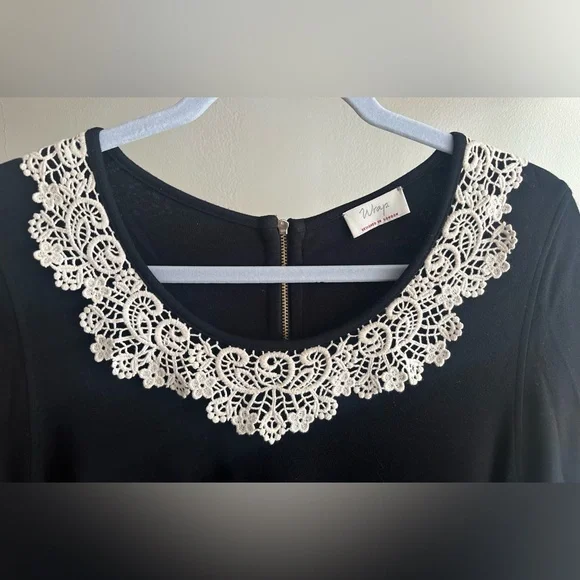 Wrap London Black Long Sleeve Dress with White Lace Collar and Pockets- size L - Picture 2 of 8